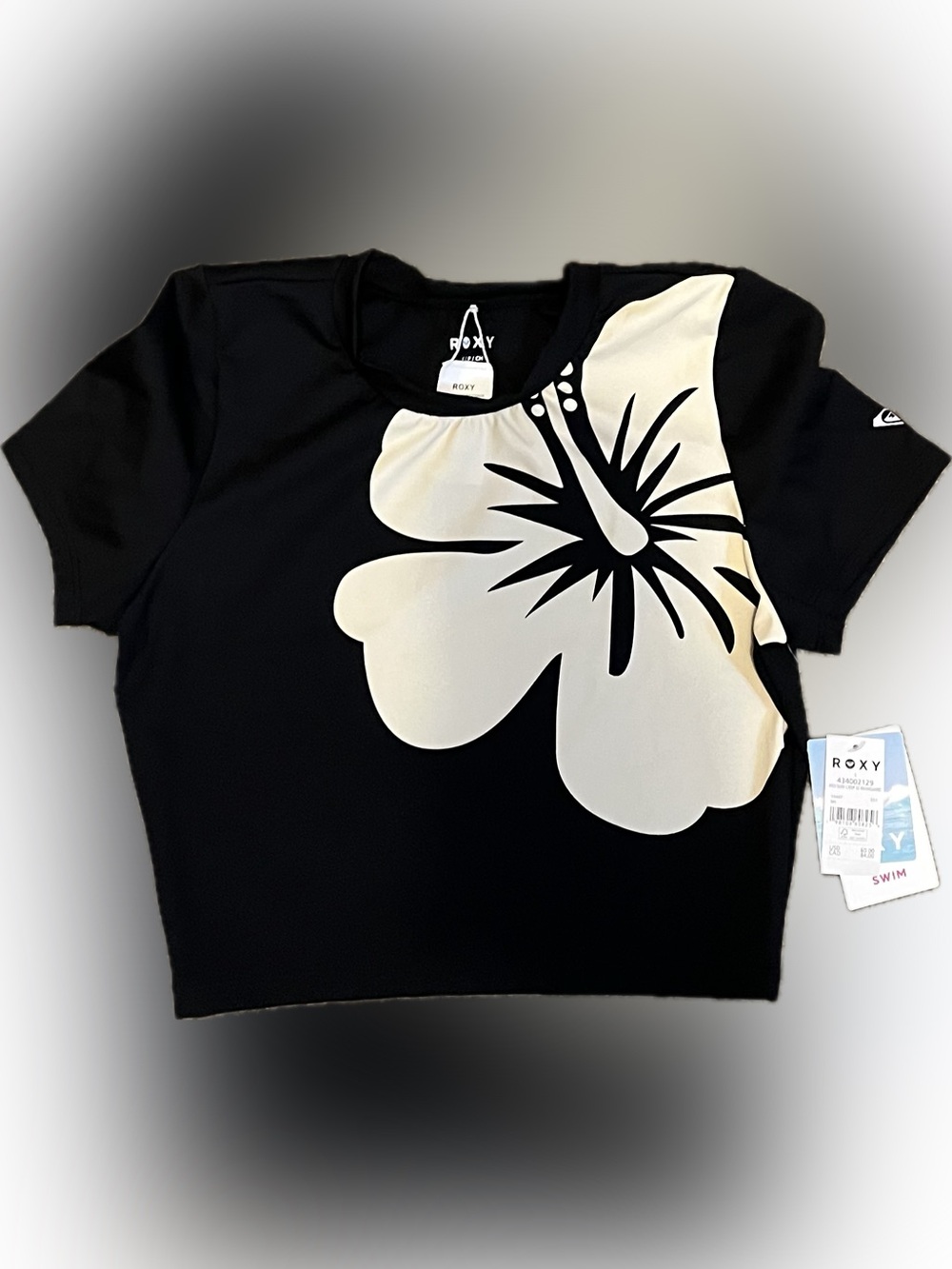 Roxy Pro Surf Black Crop Rash Guard Top with White Hibiscus size S - Picture 4 of 9